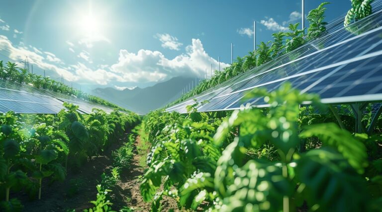 A futuristic agro-voltaic system, crops growing under solar panels, showcasing innovative dual-use land and energy generation